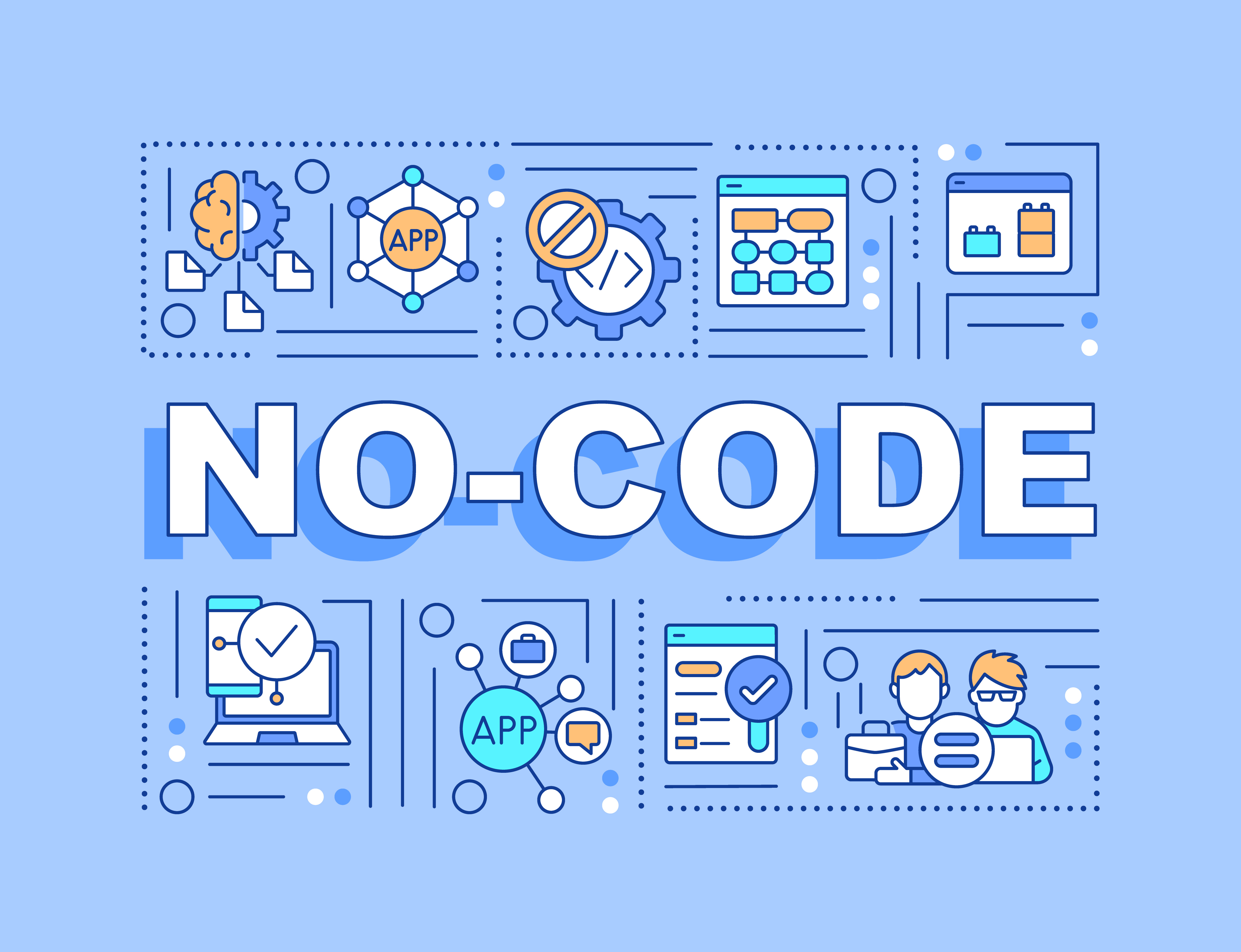 Ilustração com fundo azul destacando a palavra 'no-code' ao centro, cercada por ícones de programação nos cantos, simbolizando a simplicidade e eficiência das plataformas no-code.